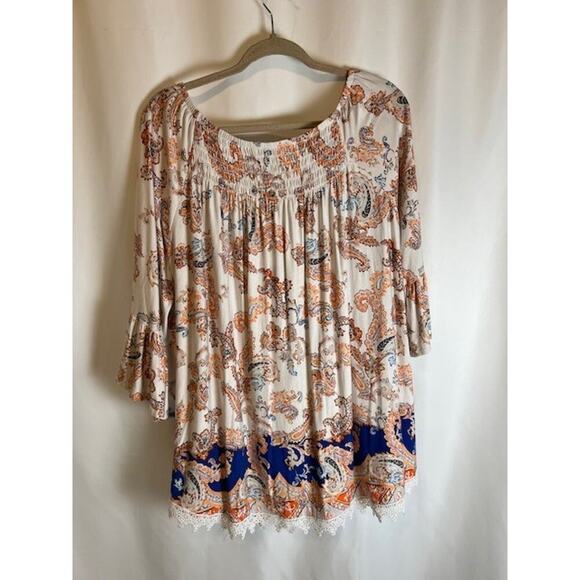 Cato EST 1946 Blue Orange Jersey Peasant Top Lace Edging Ruffle Sleeve Sz 14/ 18 - Picture 7 of 8